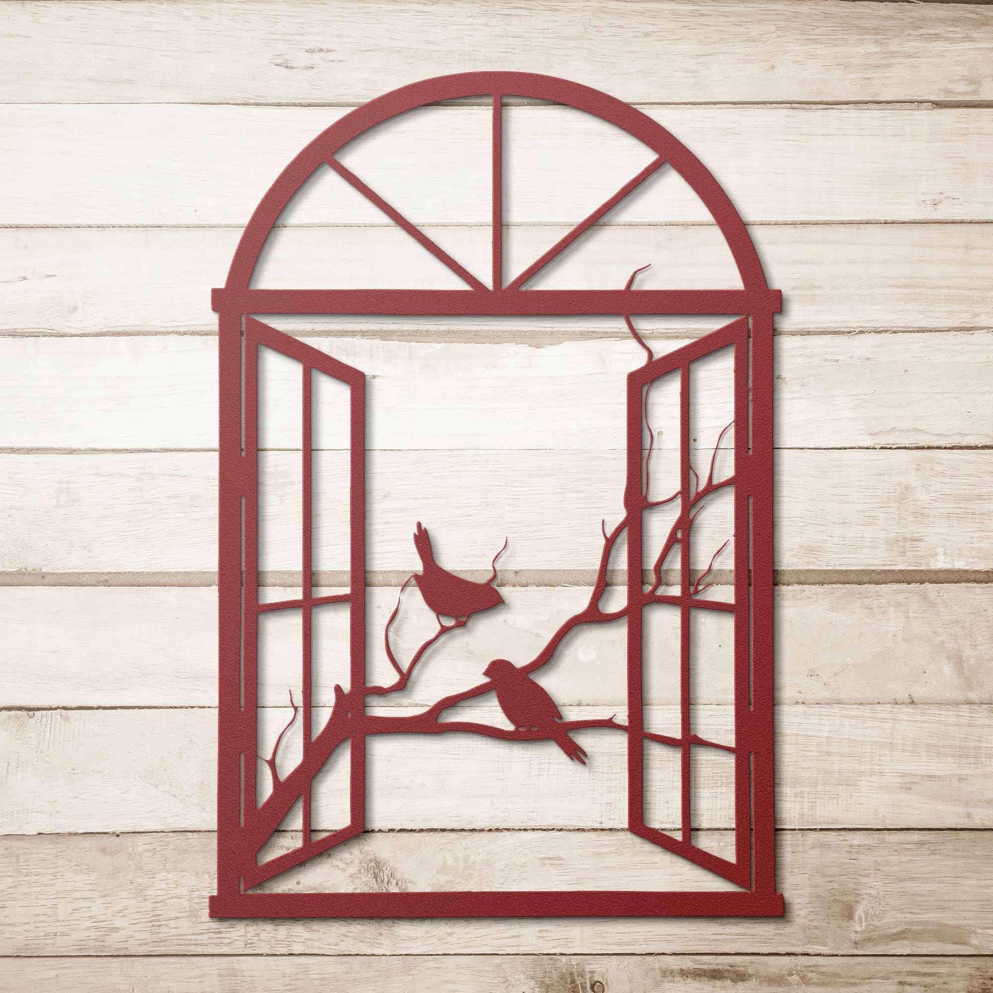 Open Window Birds on Branch Metal Wall Art, Rustic Farmhouse Silhouette Sign, Arch Window Die Cut Decor, Nature Lover Housewarming