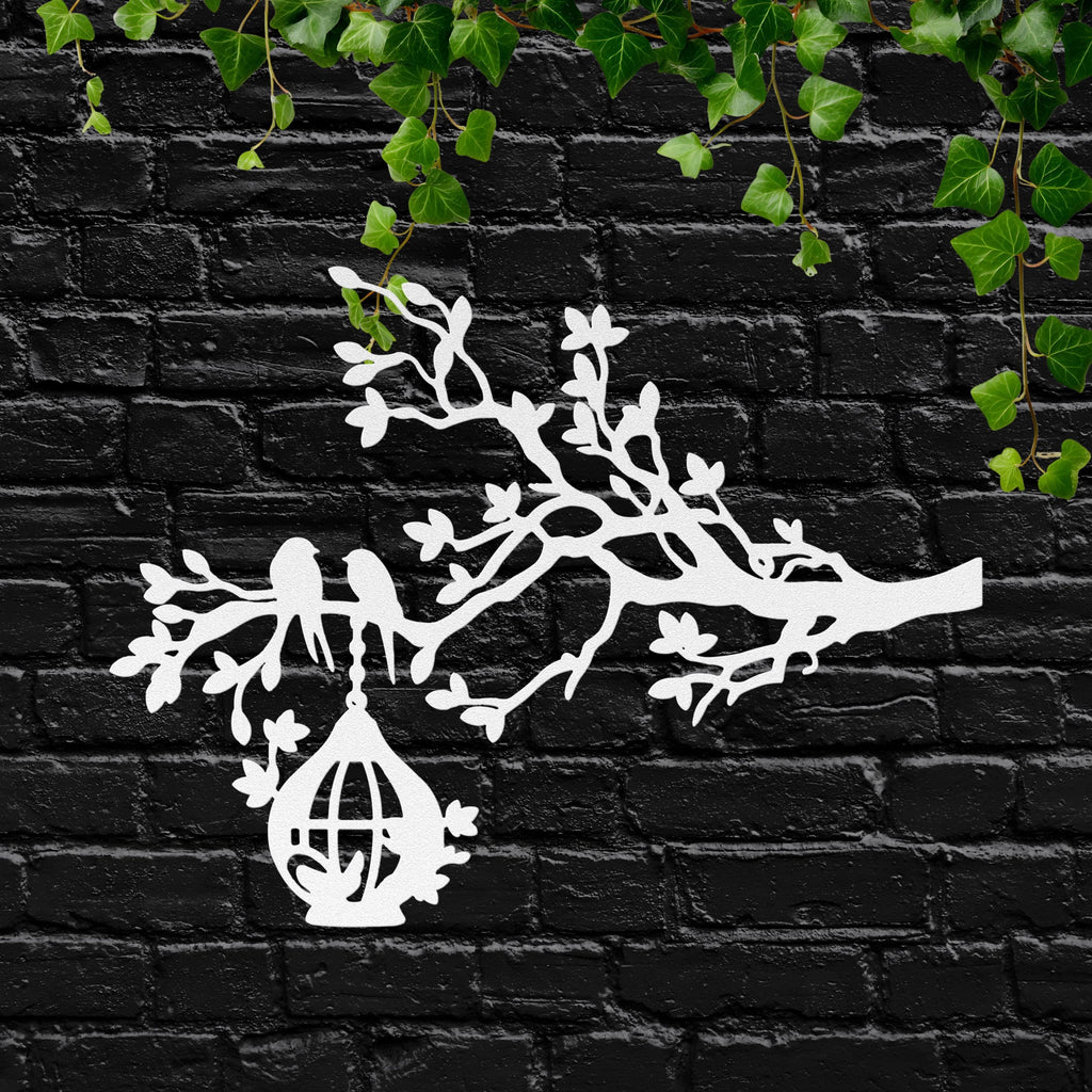 Birds on Branch Metal Art, Hanging Birdcage Wall Decor, Rustic Nature Sign, Forest Gift