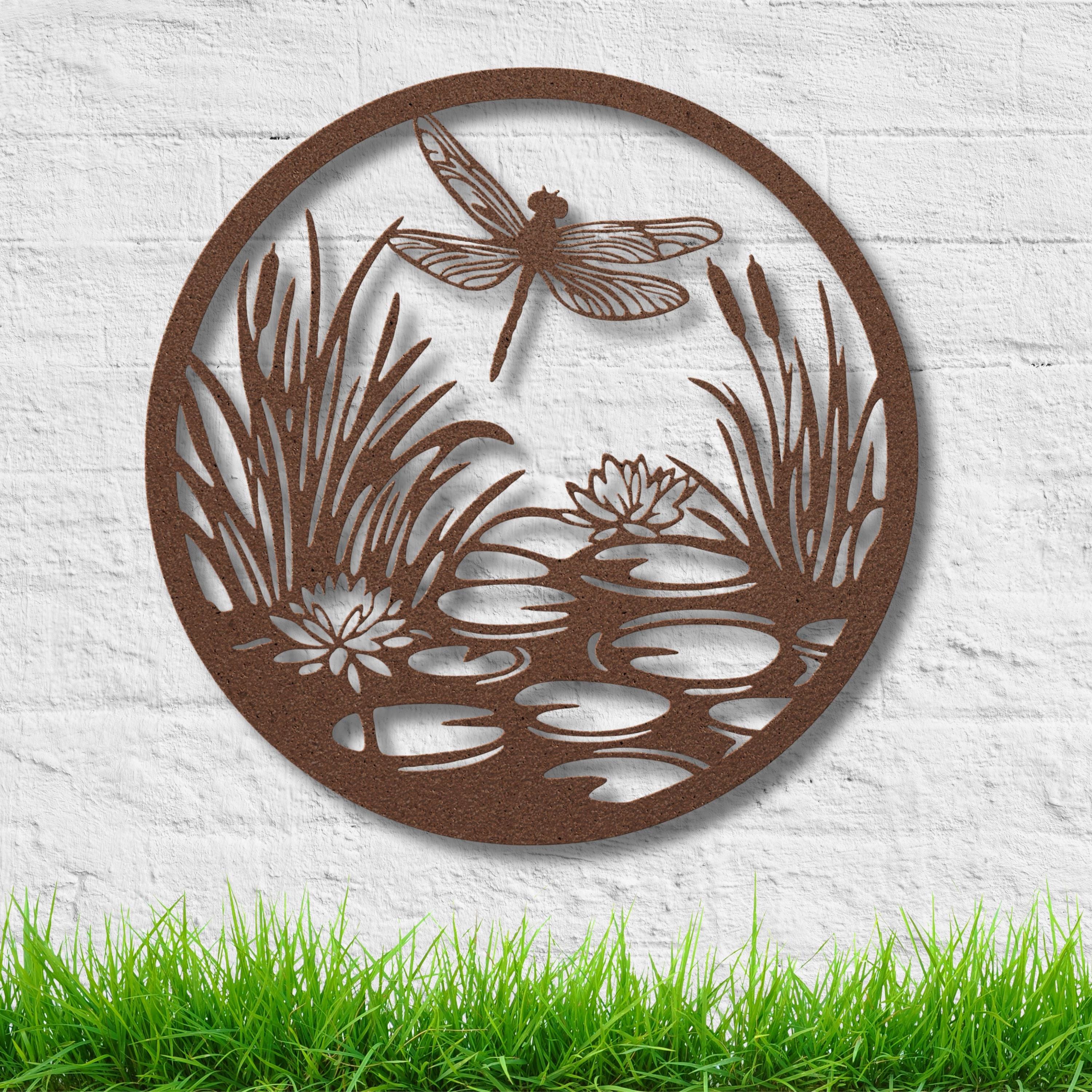 Dragonfly Metal Wall Art, Pond Scene Sign, Lily Pad and Cattail Decor, Nature Inspired Die Cut, Insect Garden Gift