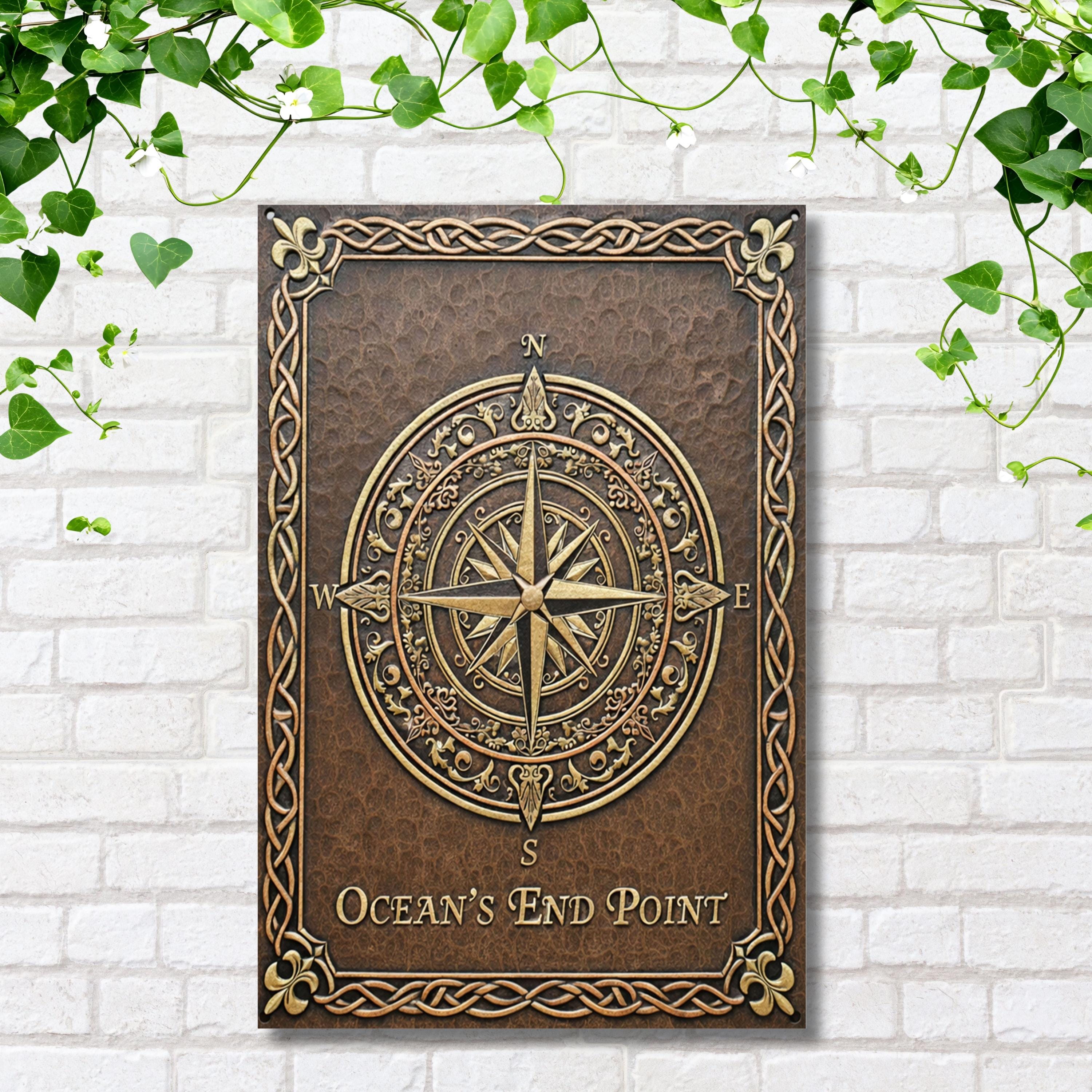 Custom Compass Rose Metal Sign, Personalized Nautical Wall Art, Ocean's End Point Decor