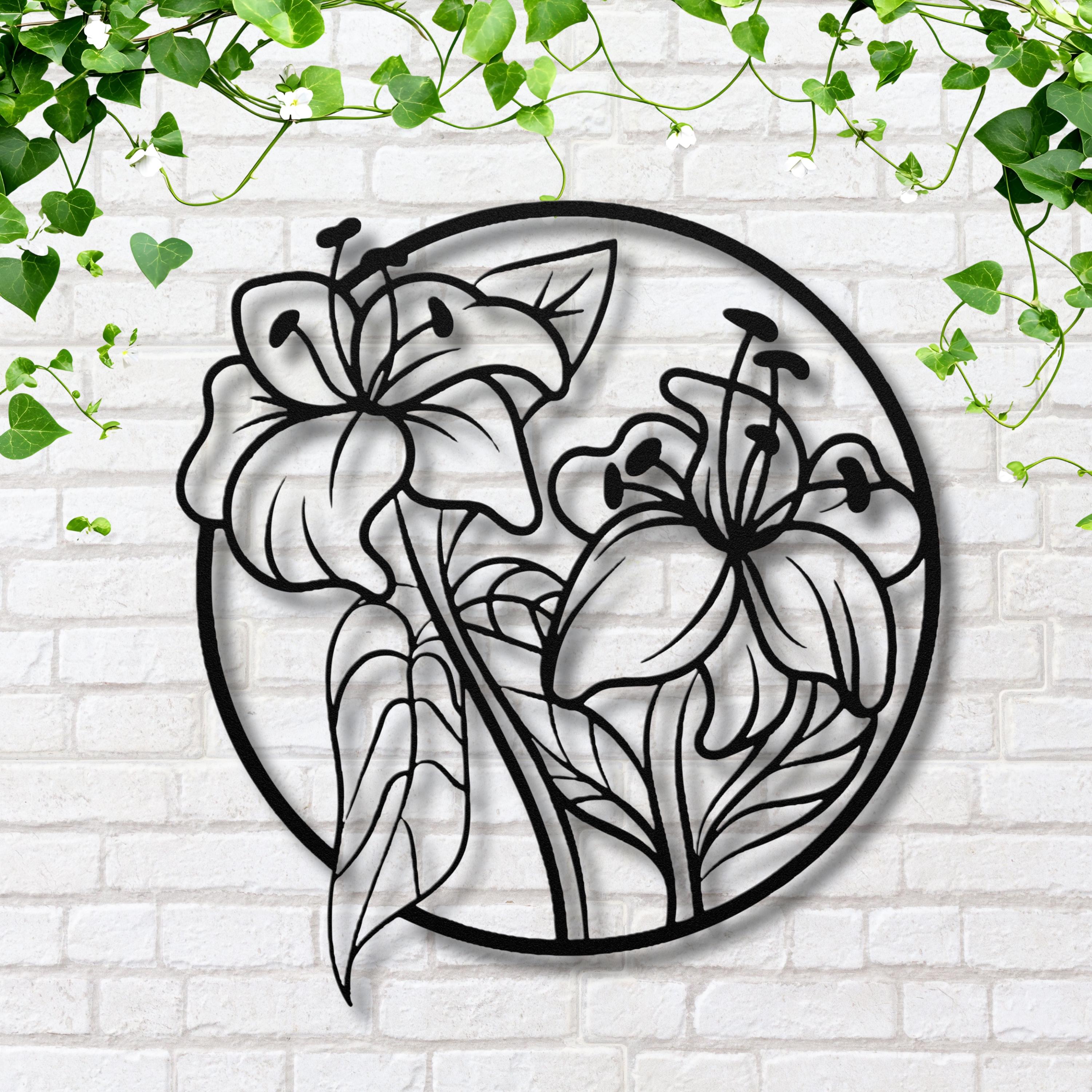 Lily Flower Metal Art – Circular Floral Sign | Minimalist Botanical Wall Decor