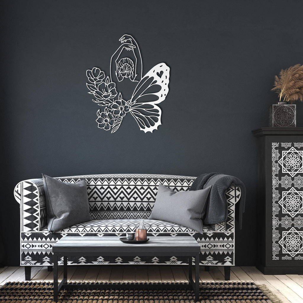 Butterfly Woman Metal Wall Art, Feminine Line Art, Floral Decor