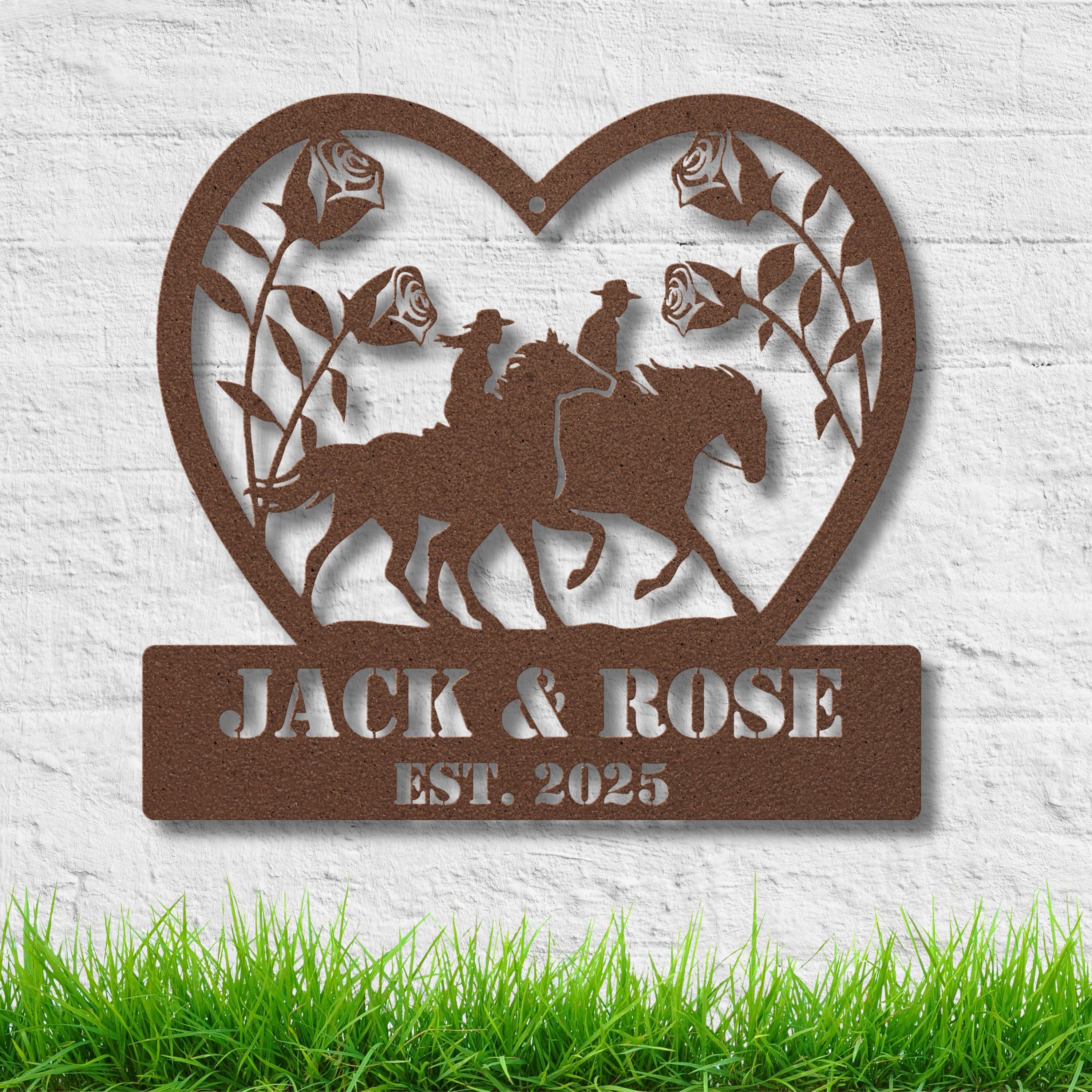 Custom Horse Couple Metal Sign | Personalized Wedding Gift | Heart Roses Equestrian Art | Anniversary Ranch Die-Cut