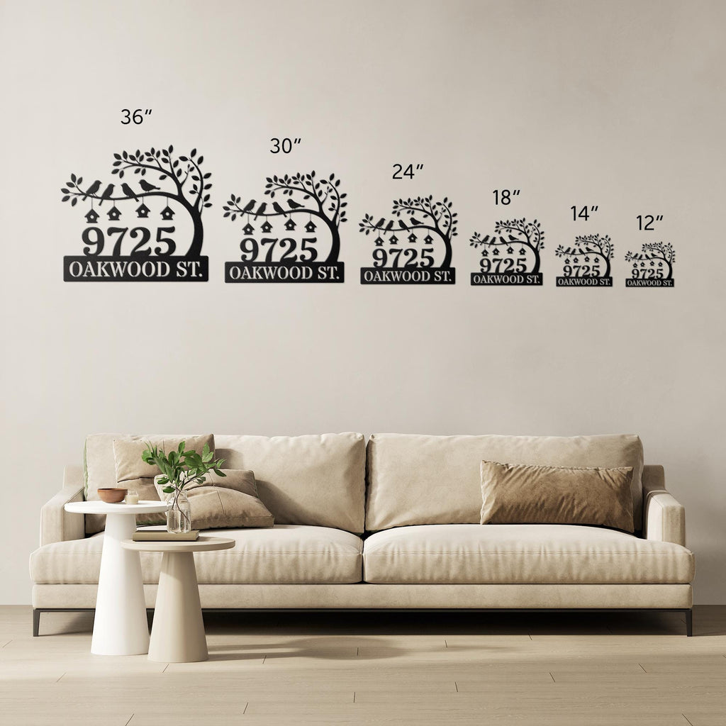 Personalized Metal Address Sign, Custom House Number Plaque, Tree Birdhouse Decor, Street Name Sign