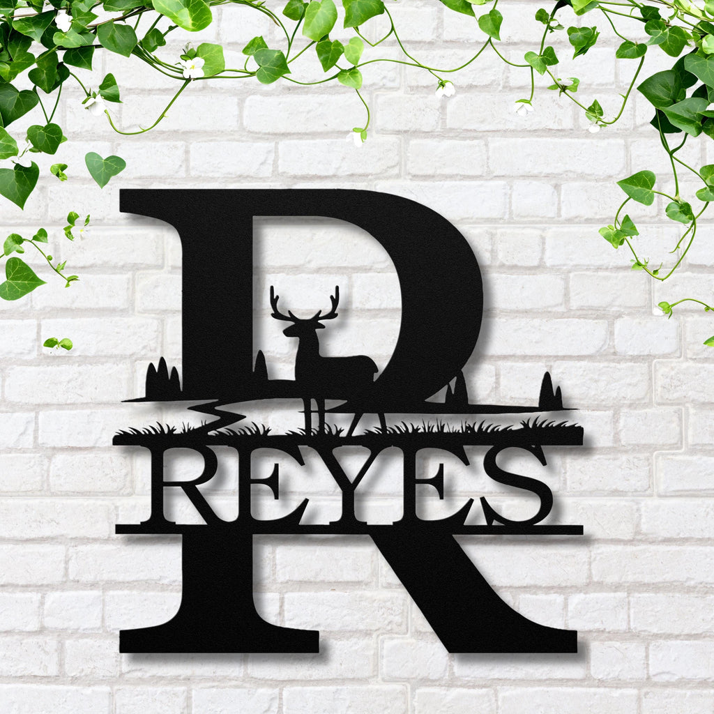 Personalized Split Letter Sign, Initial Deer Metal Monogram, Custom Family Name Sign, Rustic Hunting Decor, Die Cut Wall Art