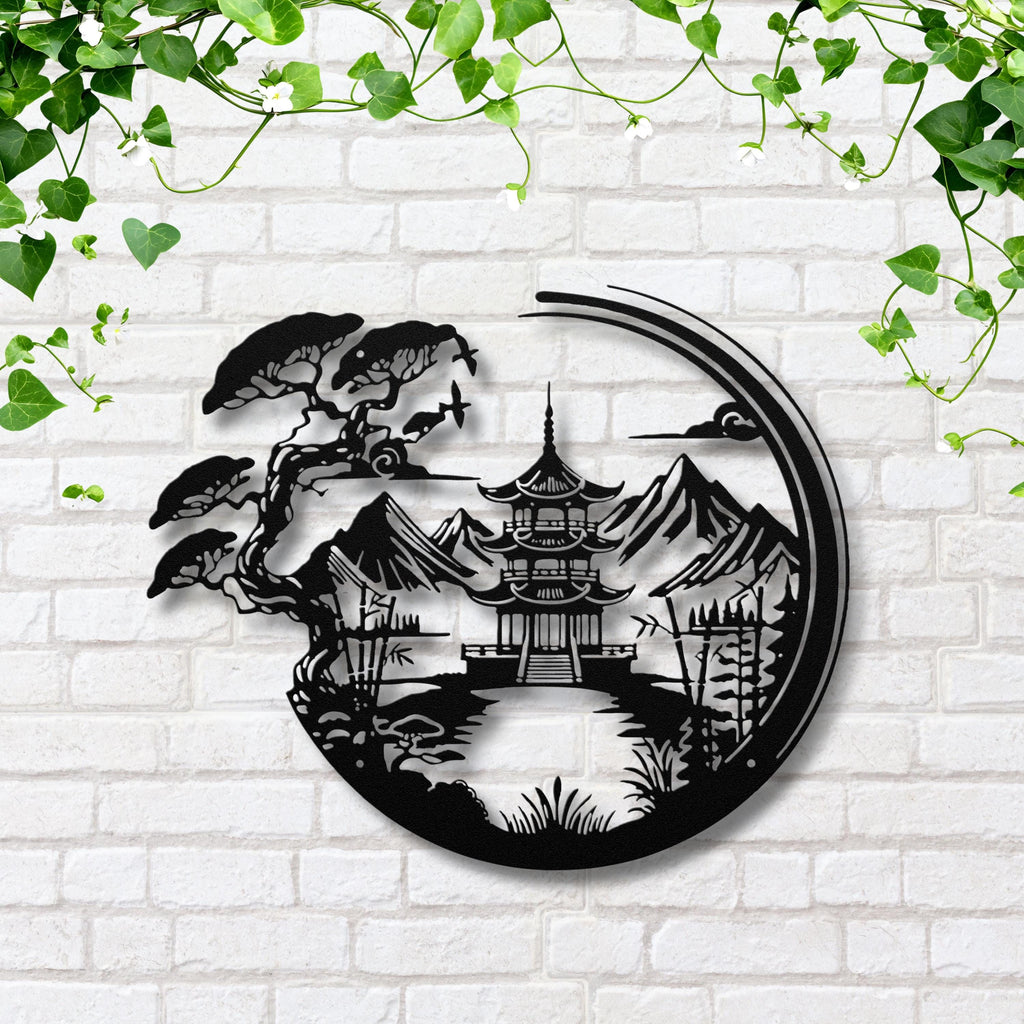 Japanese Pagoda Metal Wall Art: Zen Bonsai Landscape Decor