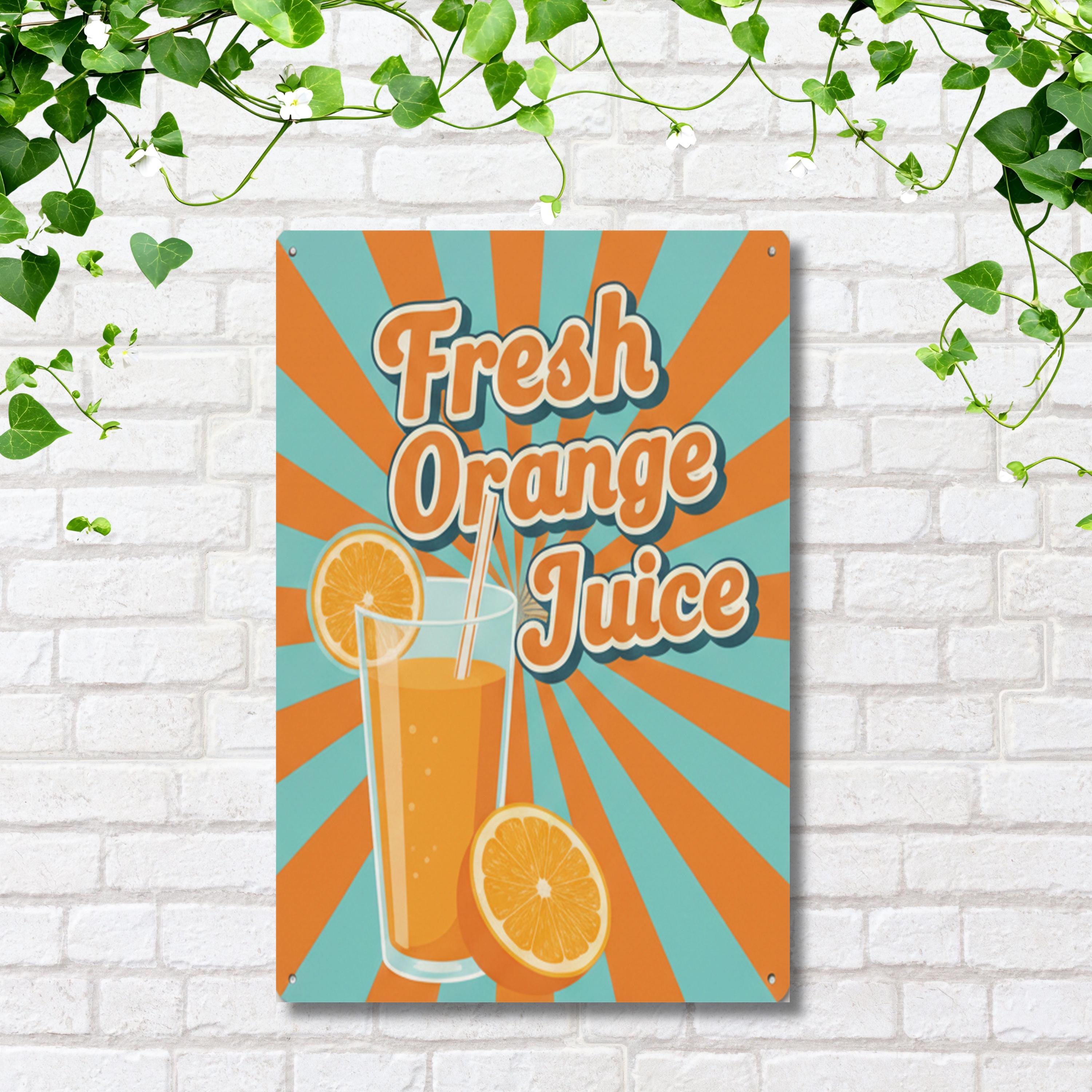 Vintage Fresh Orange Juice Metal Sign, Retro Kitchen Wall Decor, Diner Poster, Home Bar