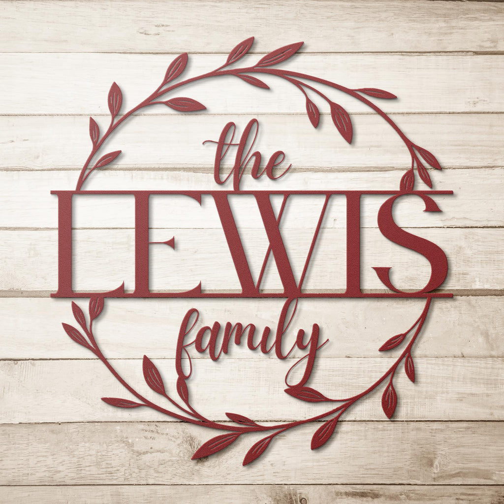 Personalized Family Name Sign: Metal Leaf Wreath, Custom Last Name Decor